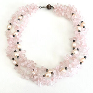 Vintage Pink Rose Quartz & Pearl 925 Sterling Silver Bead Triple Strand Necklace